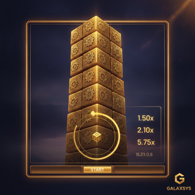 Tower Rush slot game by Galaxsys featuring strategic tower building gameplay with golden blocks stacking vertically, crash-style betting interface, and multiplier display showing real-time odds